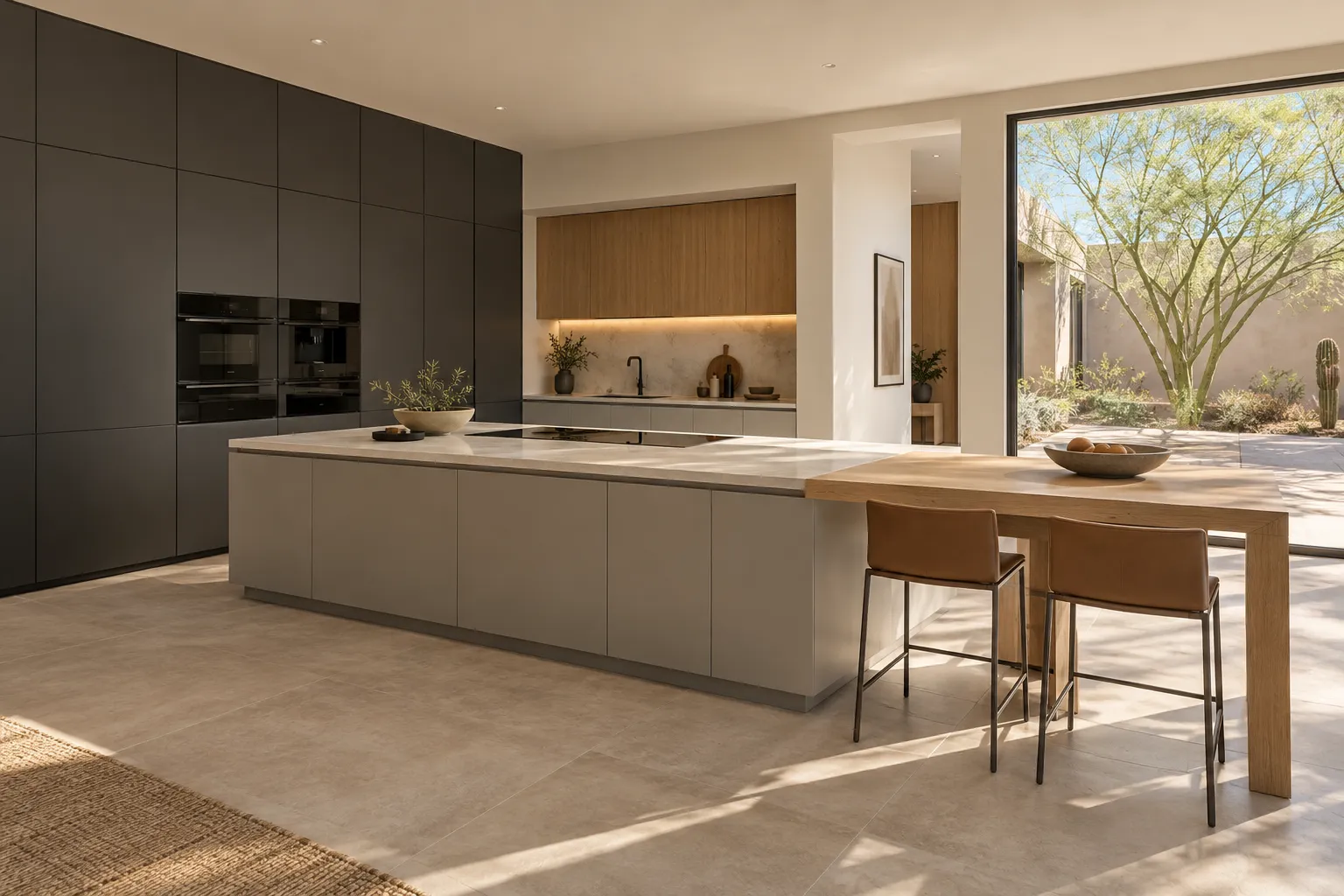 Graphite handleless kitchen with a long pale island, an oak dining extension and a courtyard window with desert trees