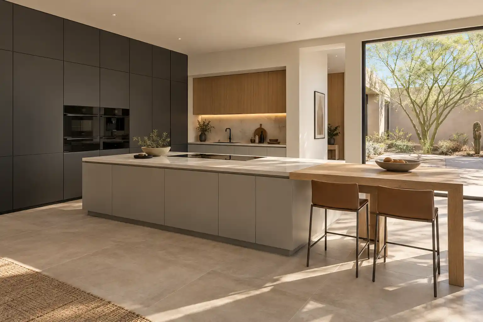 Graphite handleless kitchen with a long pale island, an oak dining extension and a courtyard window with desert trees