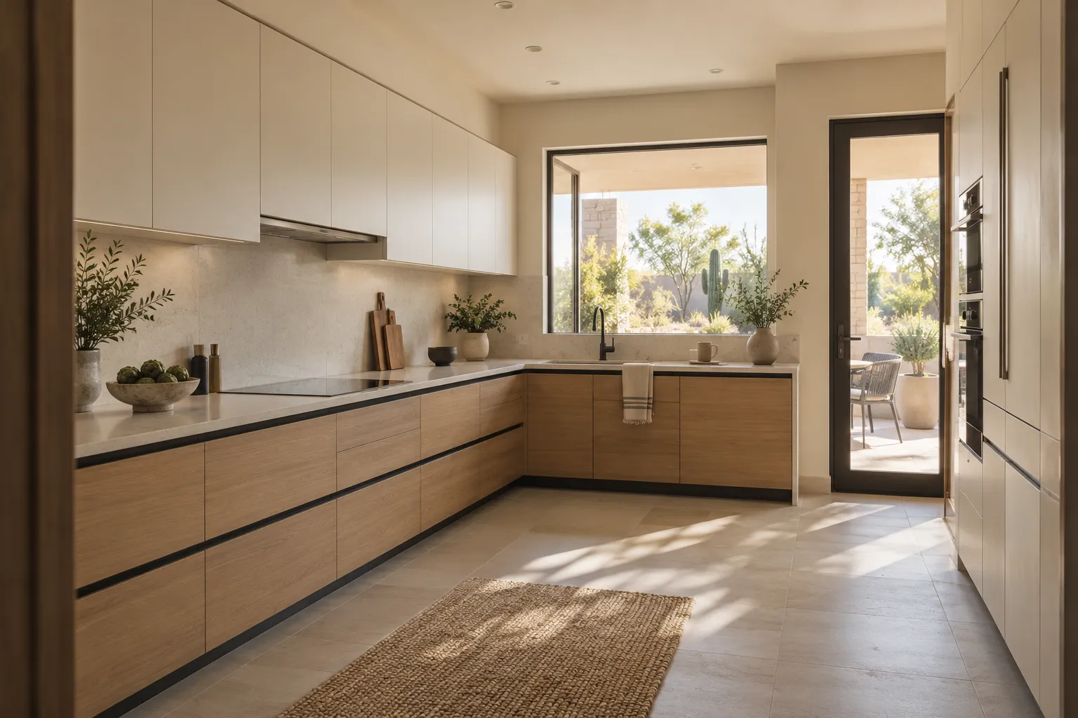 Warm white and oak L-shaped kitchen with thin stone counters, recessed grip rails and a glass door to a desert patio