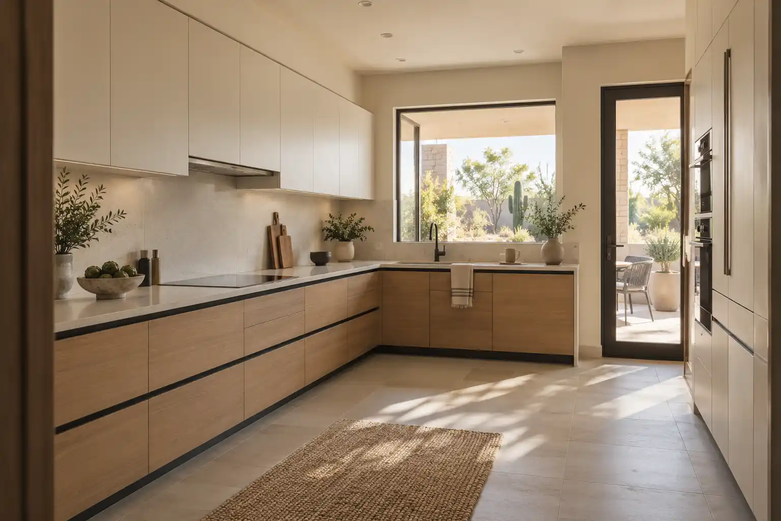 Warm white and oak L-shaped kitchen with thin stone counters, recessed grip rails and a glass door to a desert patio