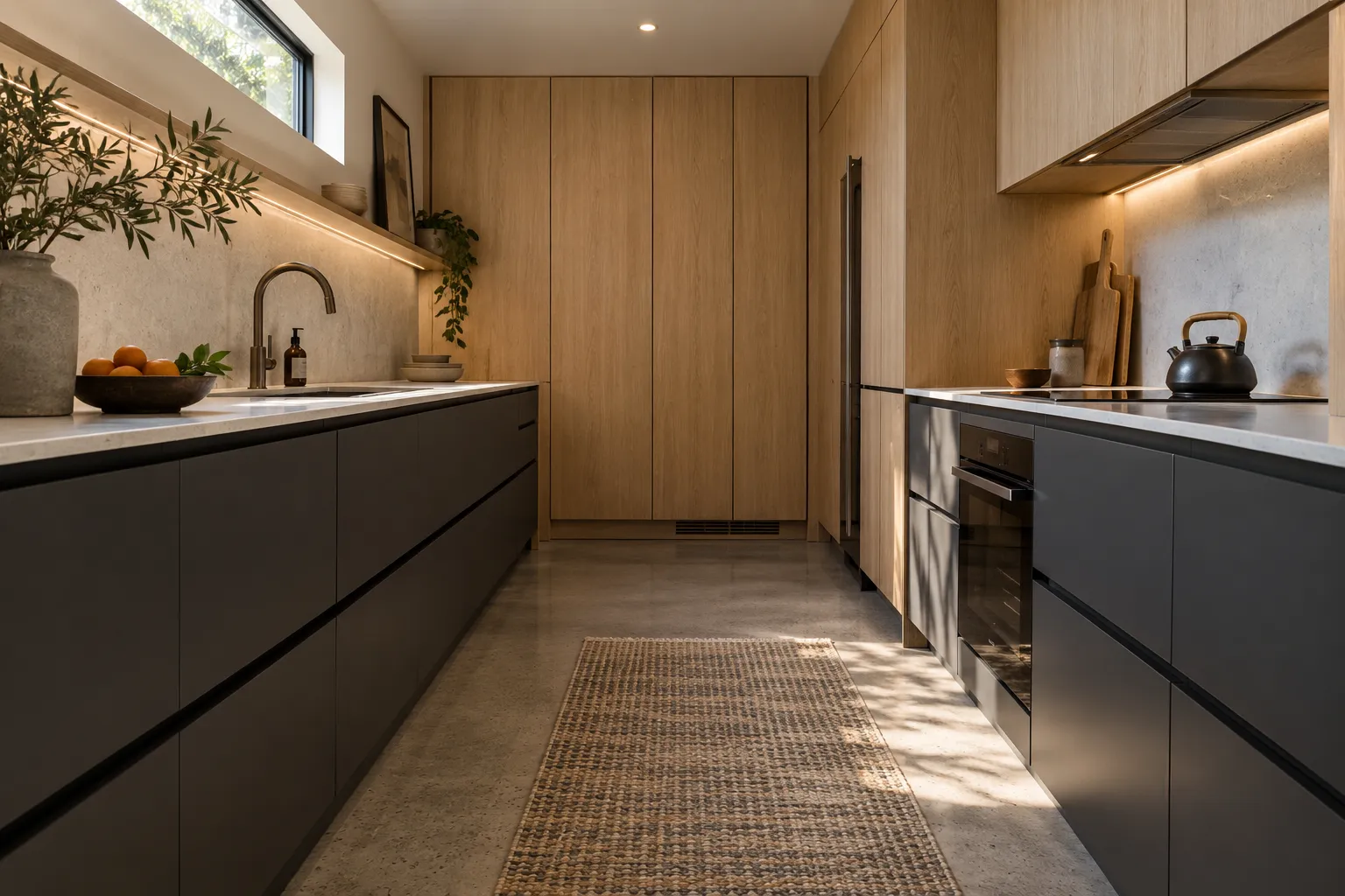 Compact galley kitchen with graphite lower drawers, oak tall cabinets, a woven runner and a clerestory window