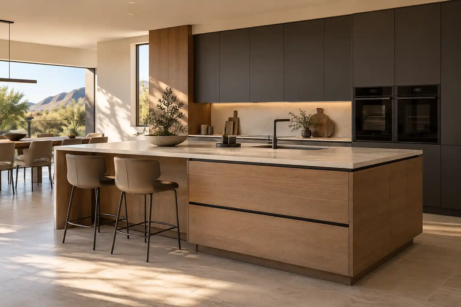 Oak kitchen island with a pale worktop and two stools in front of a graphite wall of ovens and a mountain view