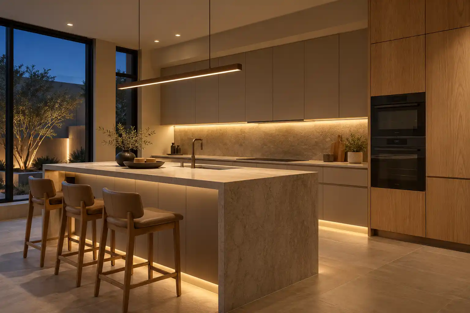 Greige and oak kitchen at dusk with a linear pendant over the island, under-cabinet light and warm toe-kick lighting
