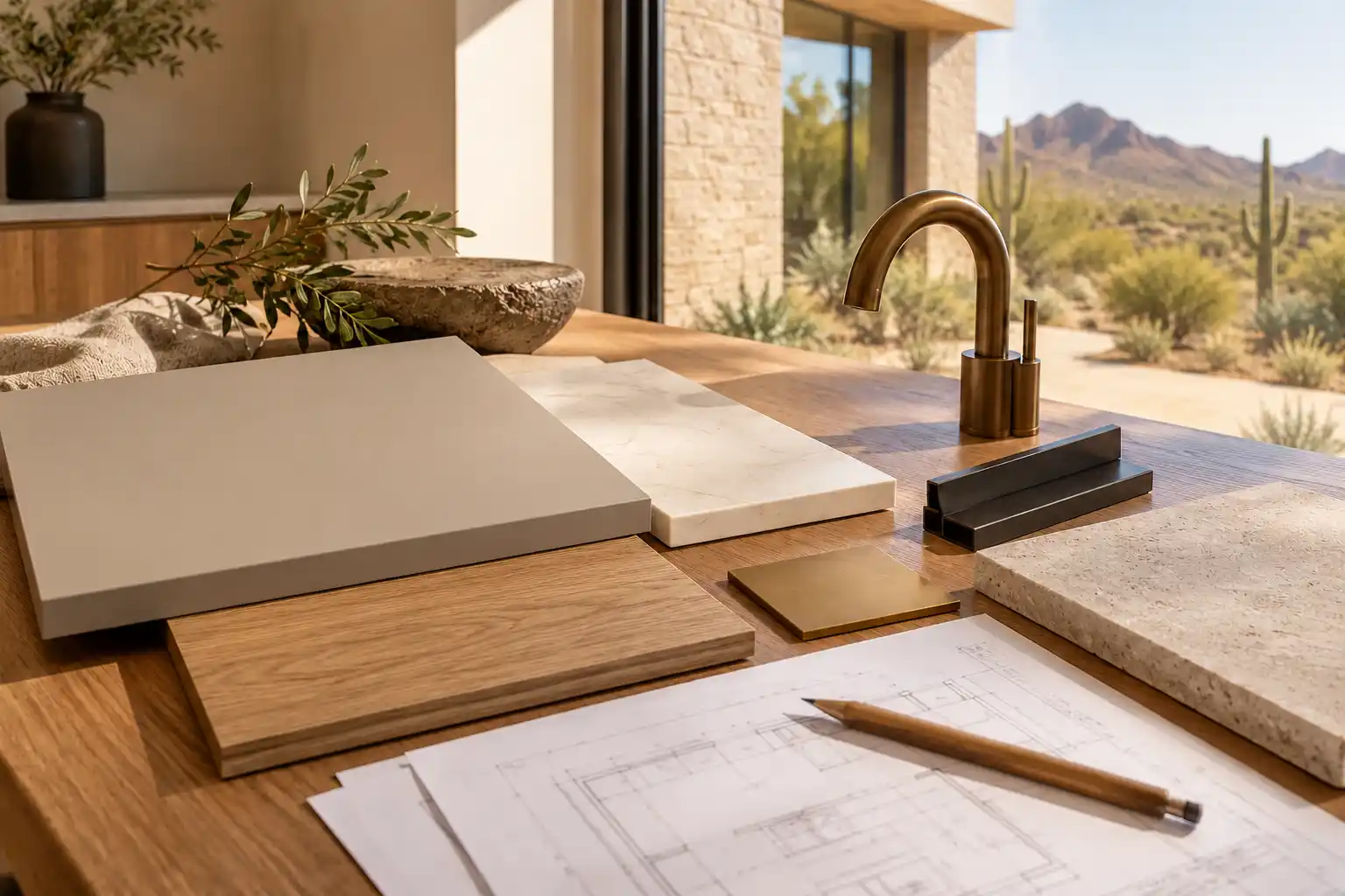 Cabinet front and stone samples on a design table with a floor plan, a pencil and a bronze faucet by a desert window