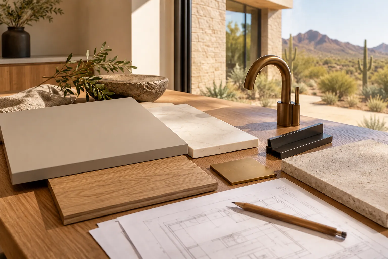 Cabinet front and stone samples on a design table with a floor plan, a pencil and a bronze faucet by a desert window