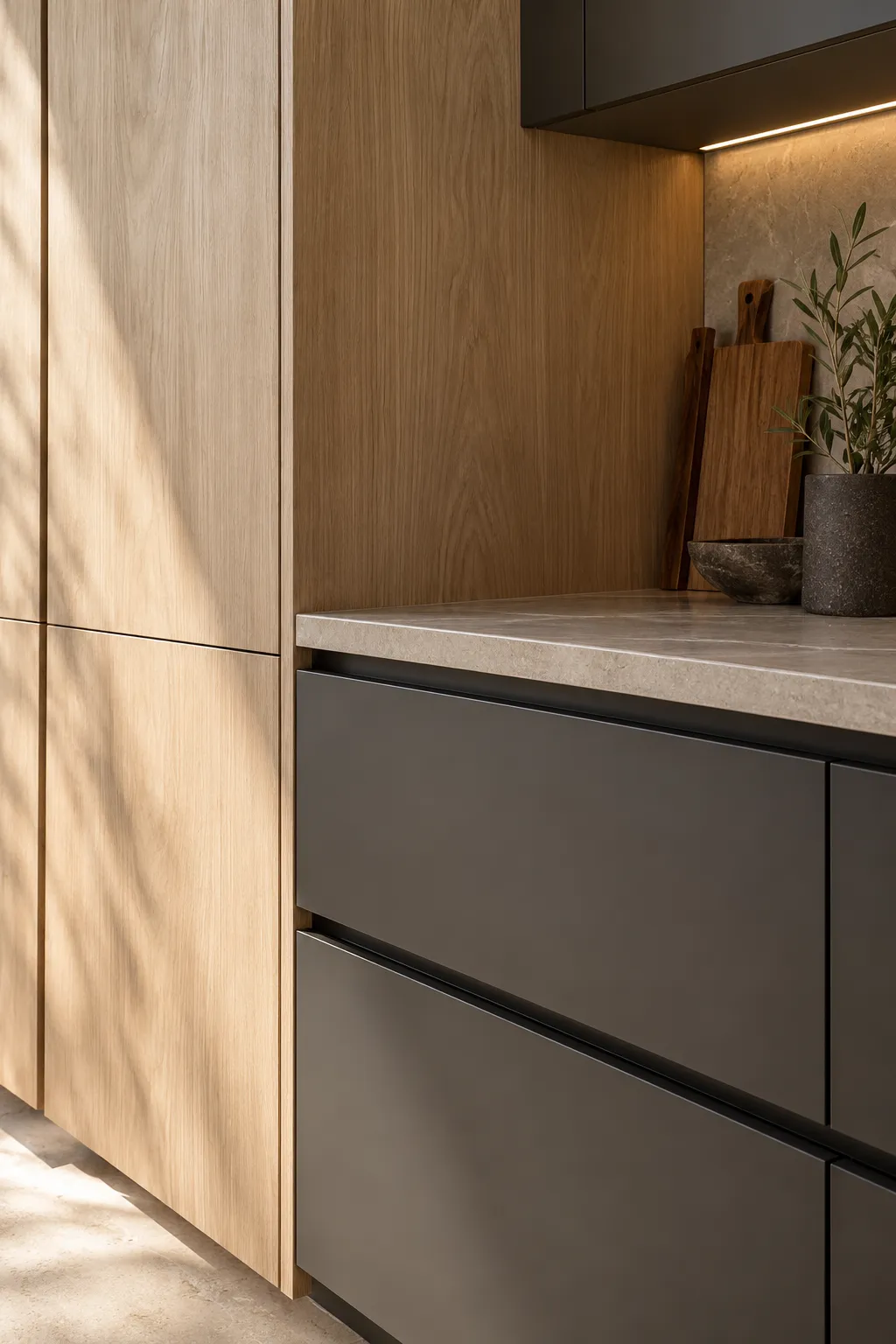 Close view of oak tall cabinets beside graphite drawers with aligned handleless grip channels