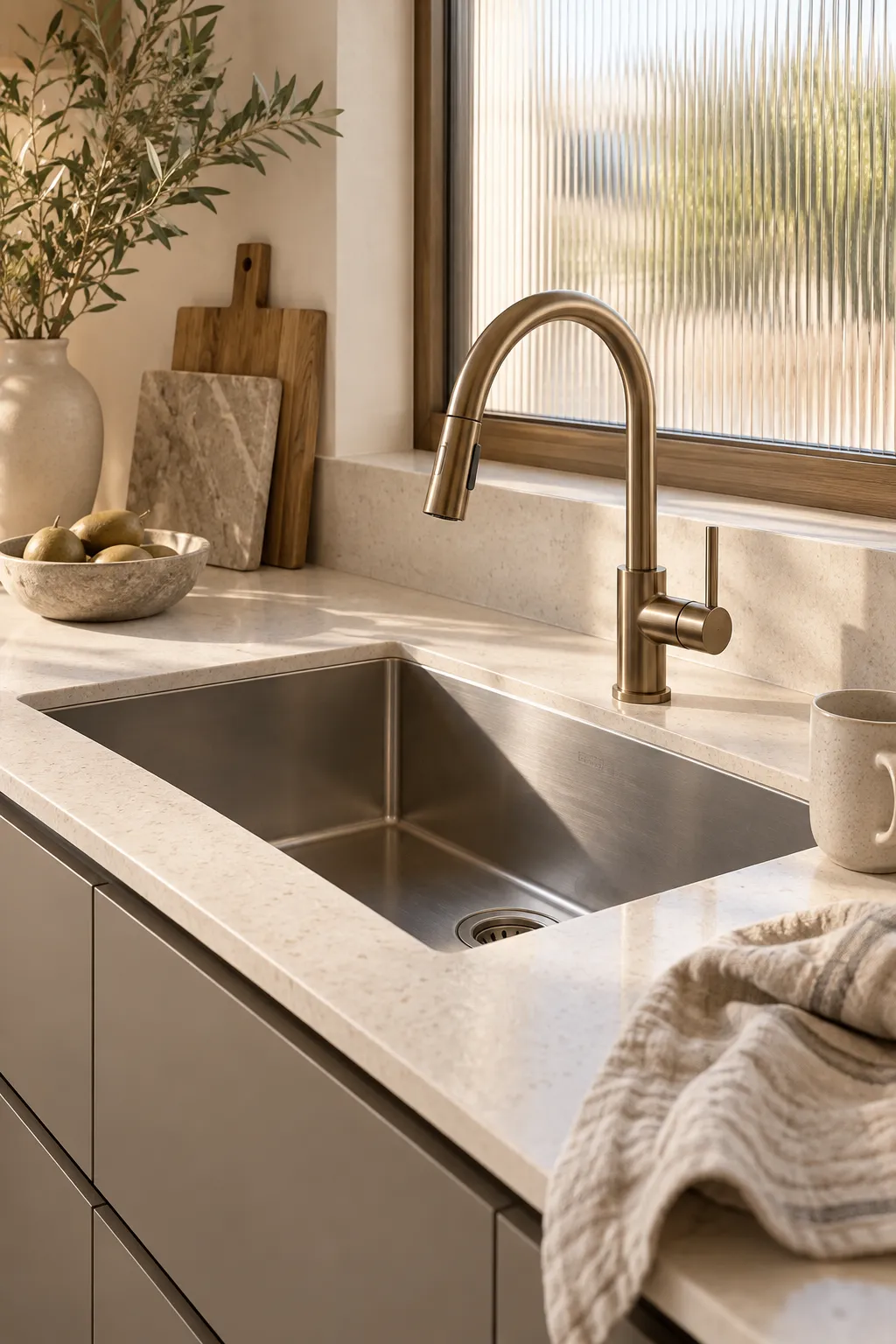 Stainless undermount sink in a pale quartz counter with a brushed bronze pull-down faucet and a linen towel