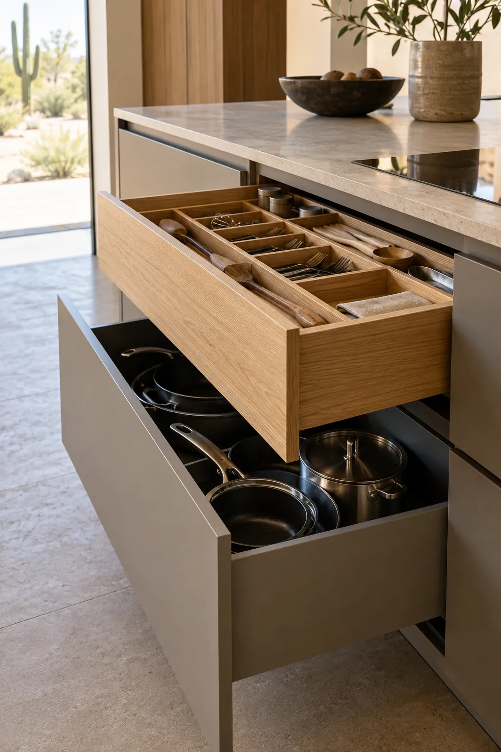 Open kitchen drawers with oak utensil dividers above a deep drawer of pots and pans