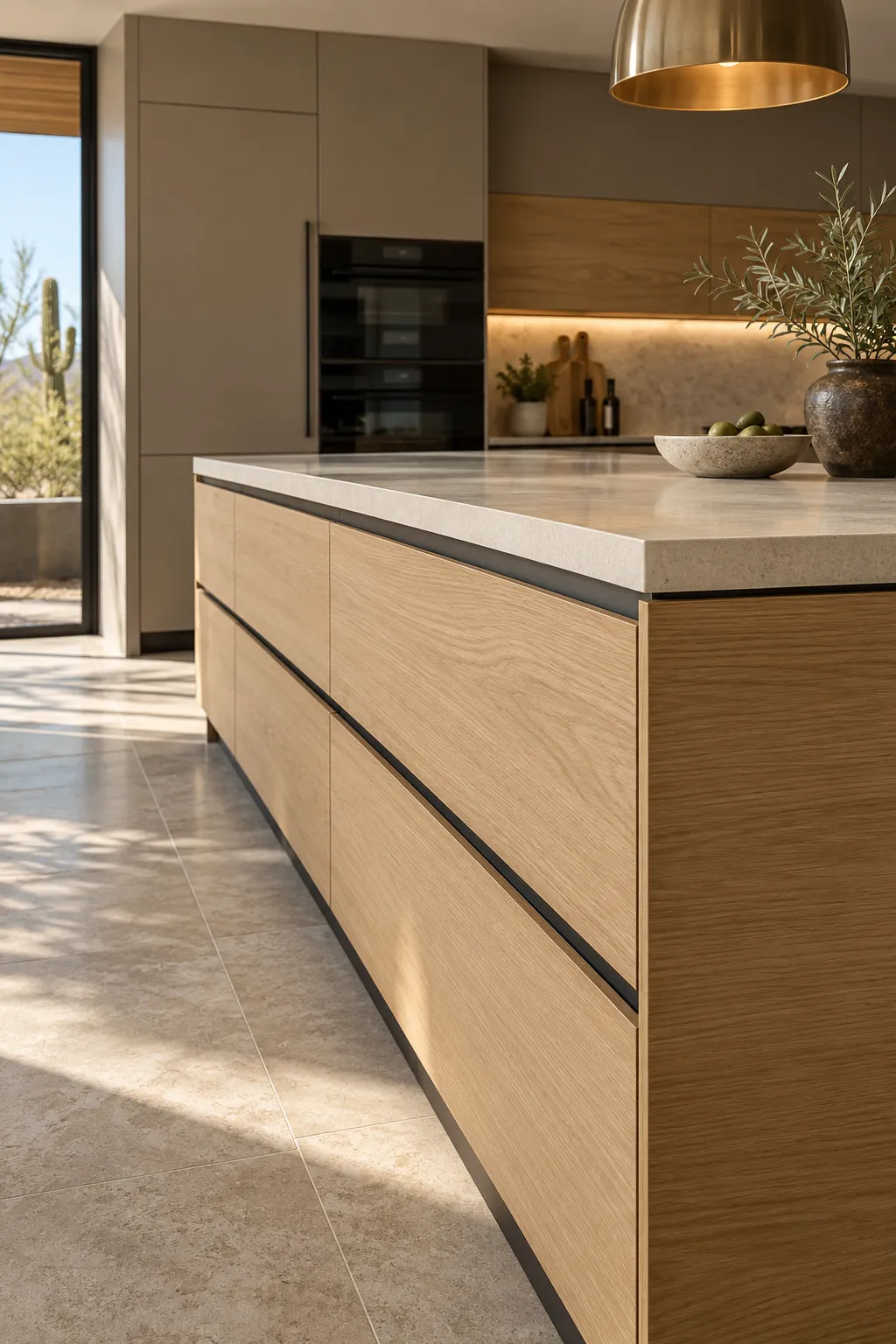Slim pale stone worktop on an oak kitchen island with a recessed grip rail and a polished concrete-look floor