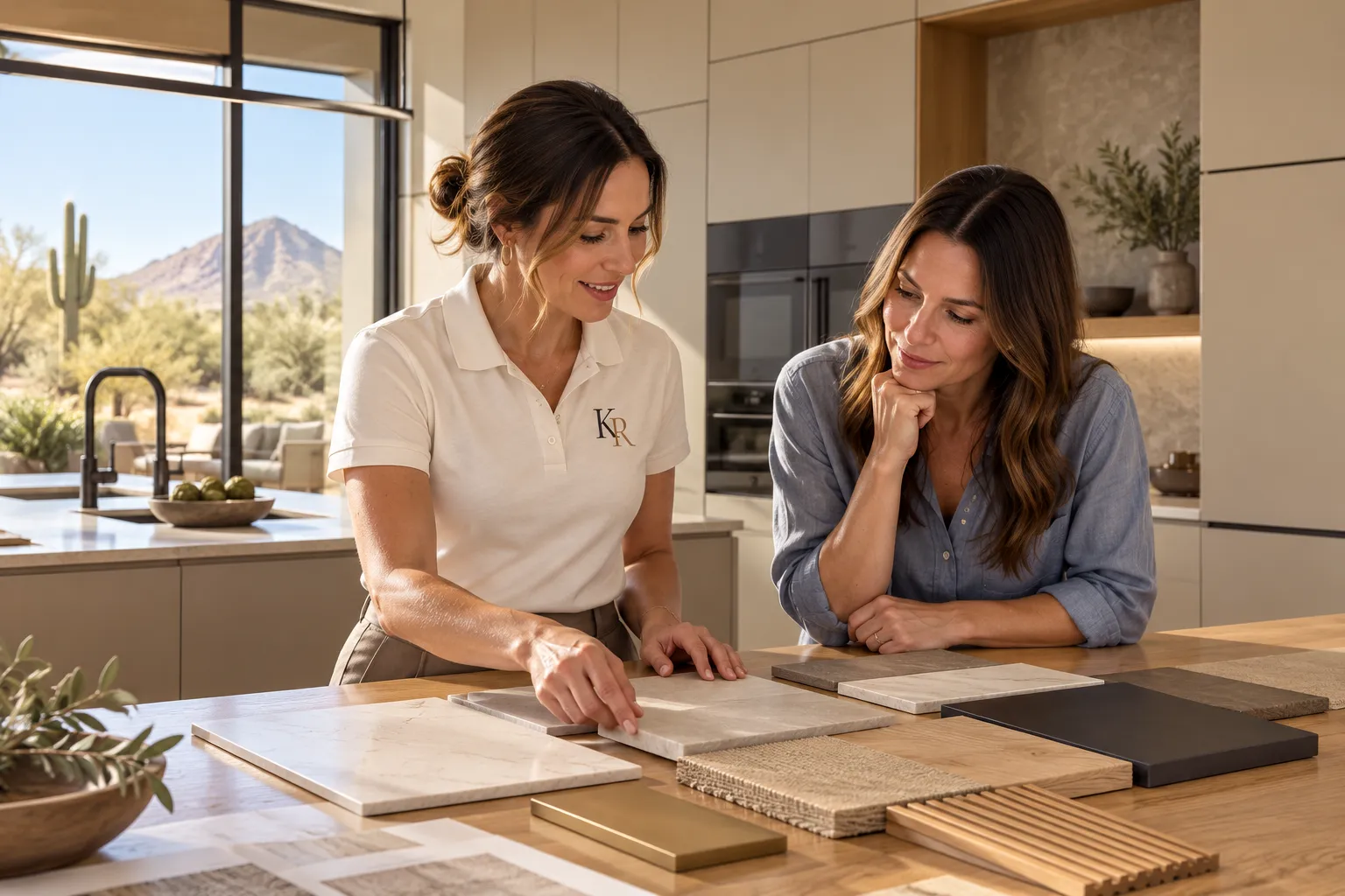 Two people looking at cabinet and stone samples on a kitchen table, one wearing an ivory polo with a KR monogram