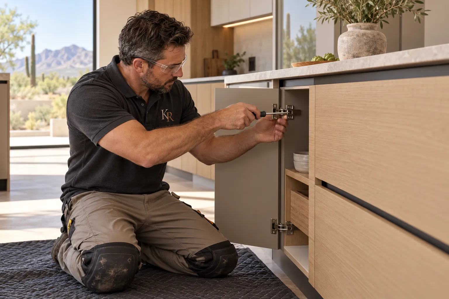 Cabinet installer in a charcoal KR polo kneeling to adjust a hinge on an oak kitchen cabinet