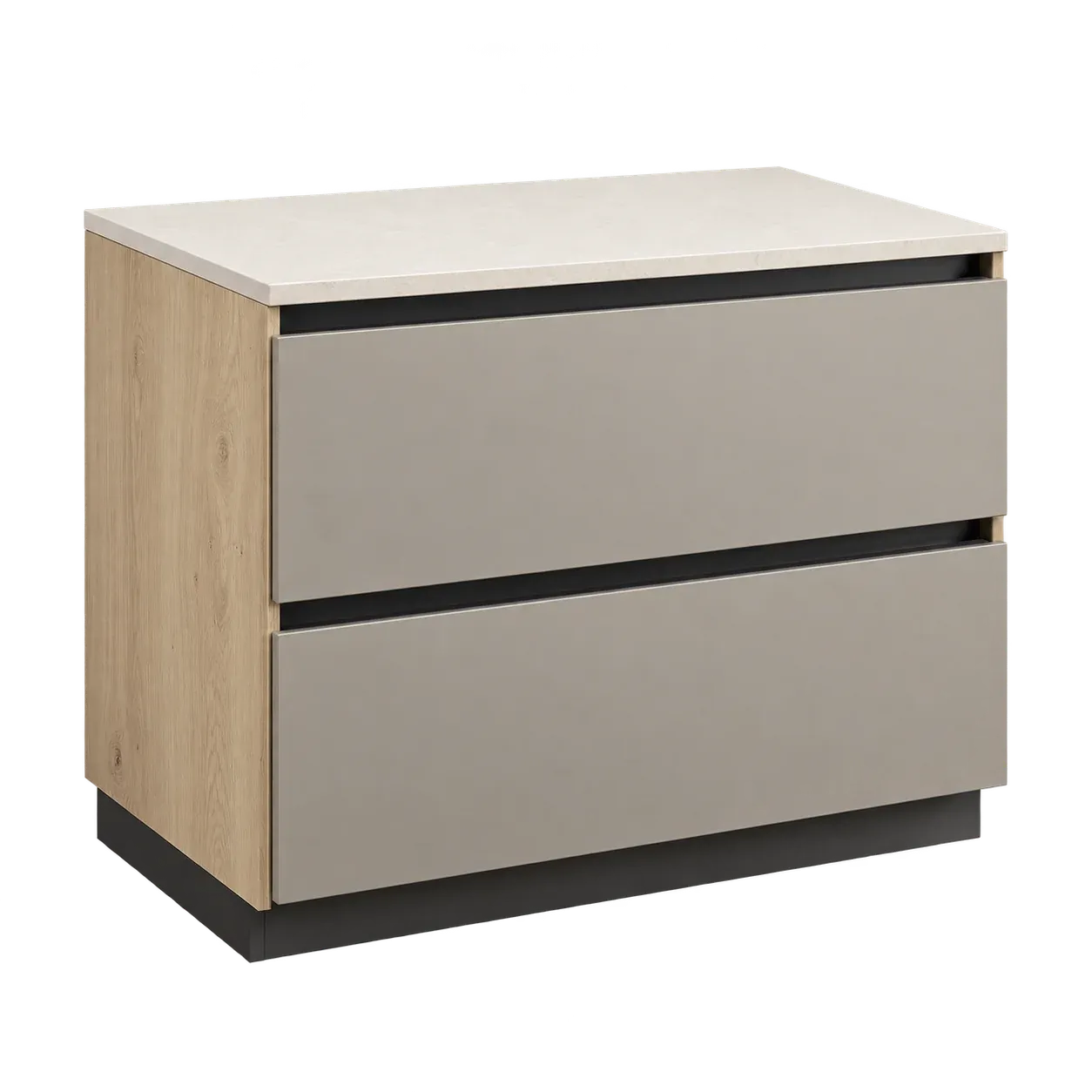 Handleless kitchen base cabinet with two greige drawers, an oak side panel and a pale stone top