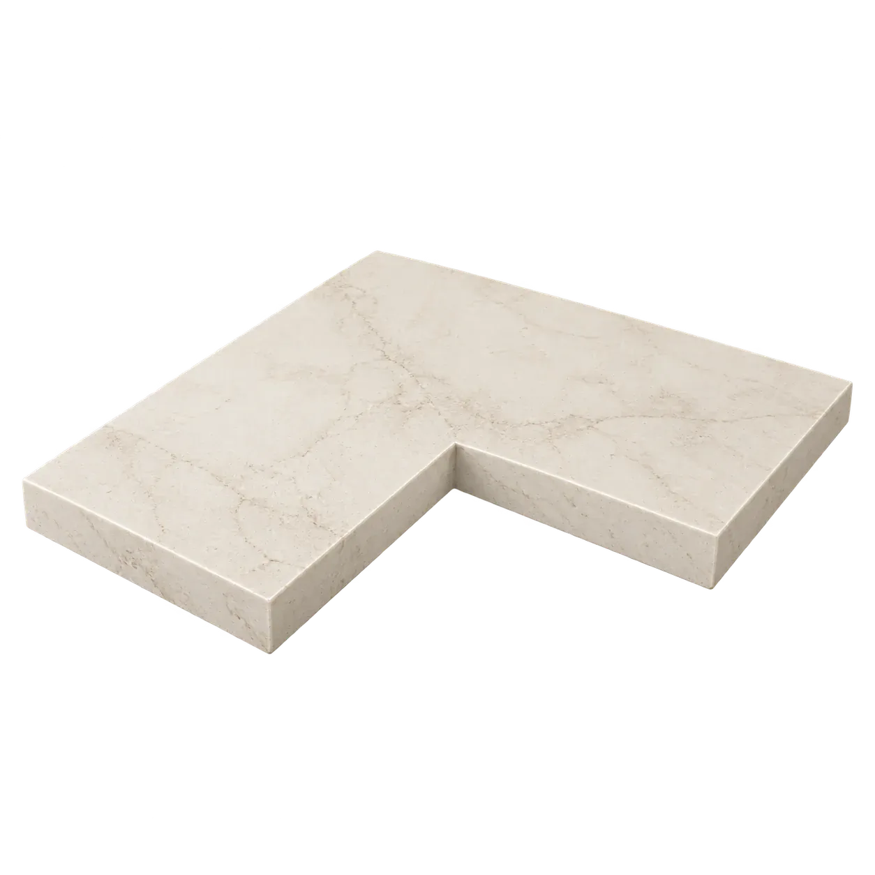 L-shaped ivory porcelain worktop slab with soft grey veining