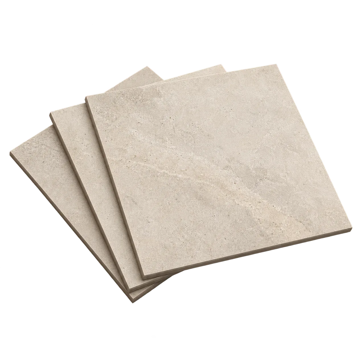 Three stacked limestone-look porcelain floor tiles